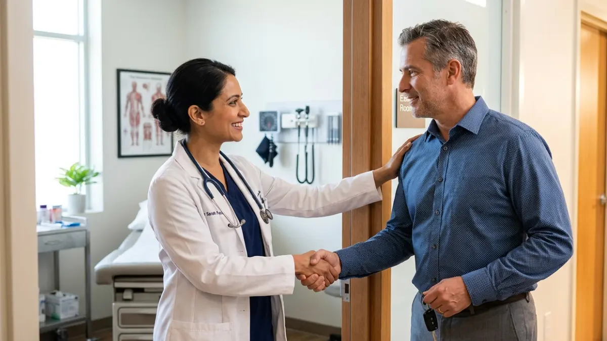 Adult patient completing a successful follow-up visit after discussing Oral PCSK9 Inhibitor treatment with a physician