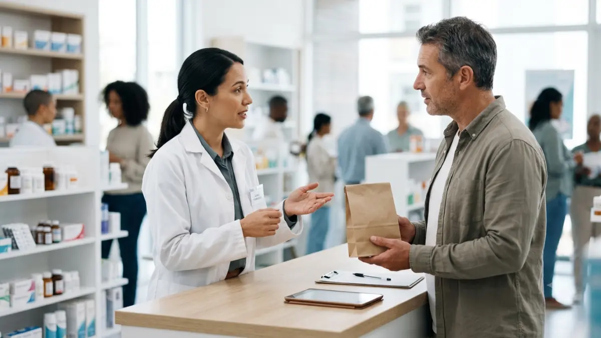 Pharmacist discussing Oral PCSK9 Inhibitor medication guidance with an adult patient at a pharmacy consultation counter