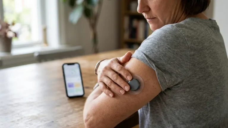 OTC CGM sensor being applied to an adult's upper arm at home