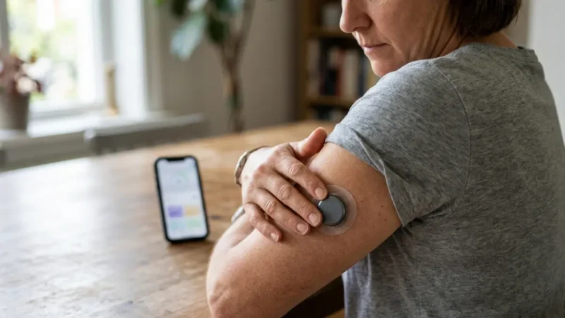 OTC CGM sensor being applied to an adult's upper arm at home