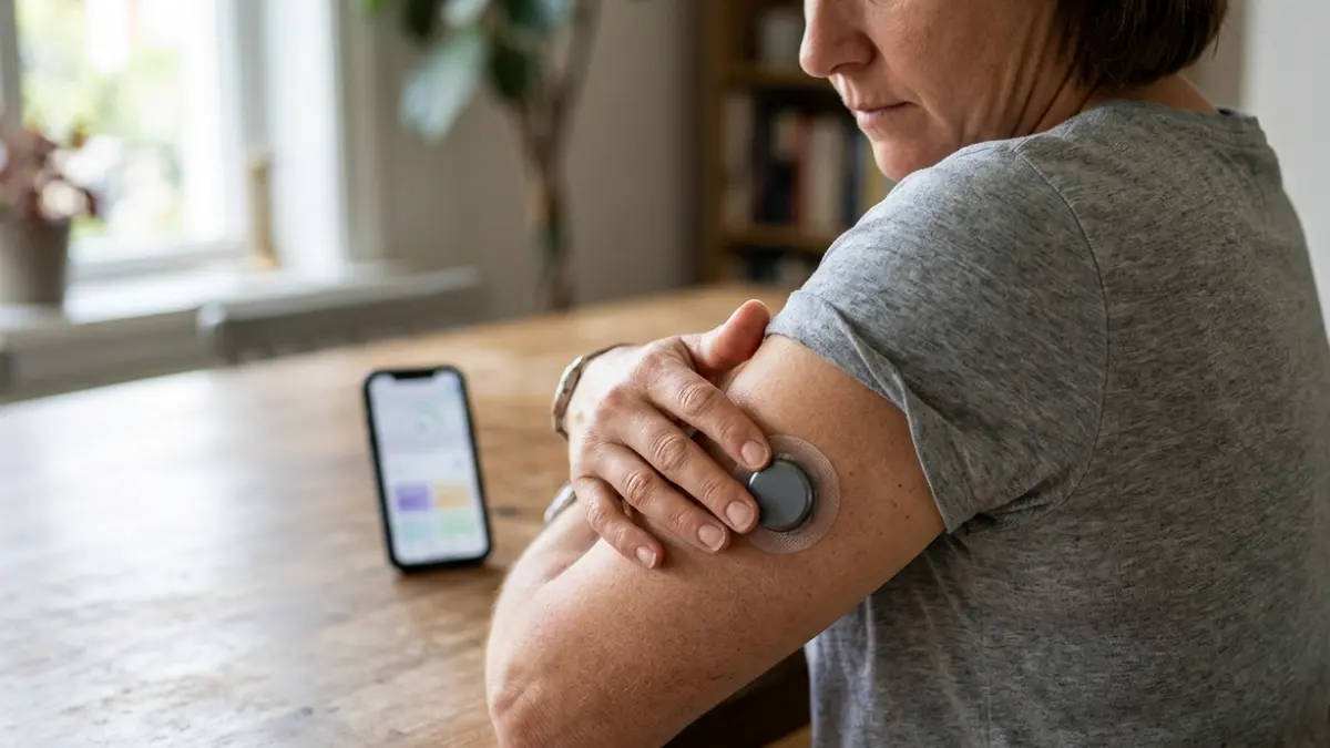 OTC CGM sensor being applied to an adult's upper arm at home