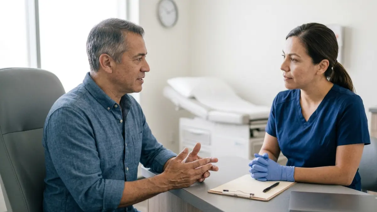 Patient discussing important questions with healthcare staff before a Walk-In Cholesterol Test at a pharmacy clinic.