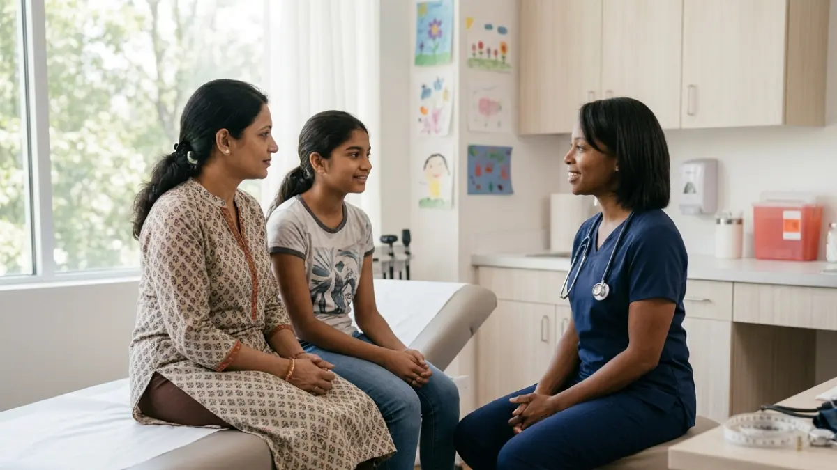 Pediatrician discussing A1C Screening Age recommendations with a parent and adolescent during a routine wellness visit