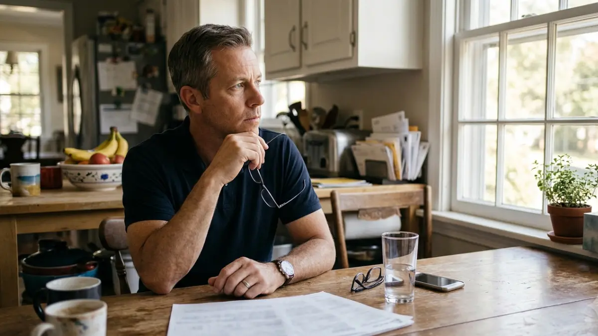 Adult reflecting after receiving an A1C 6.5 result while sitting at a kitchen table with blurred medical paperwork