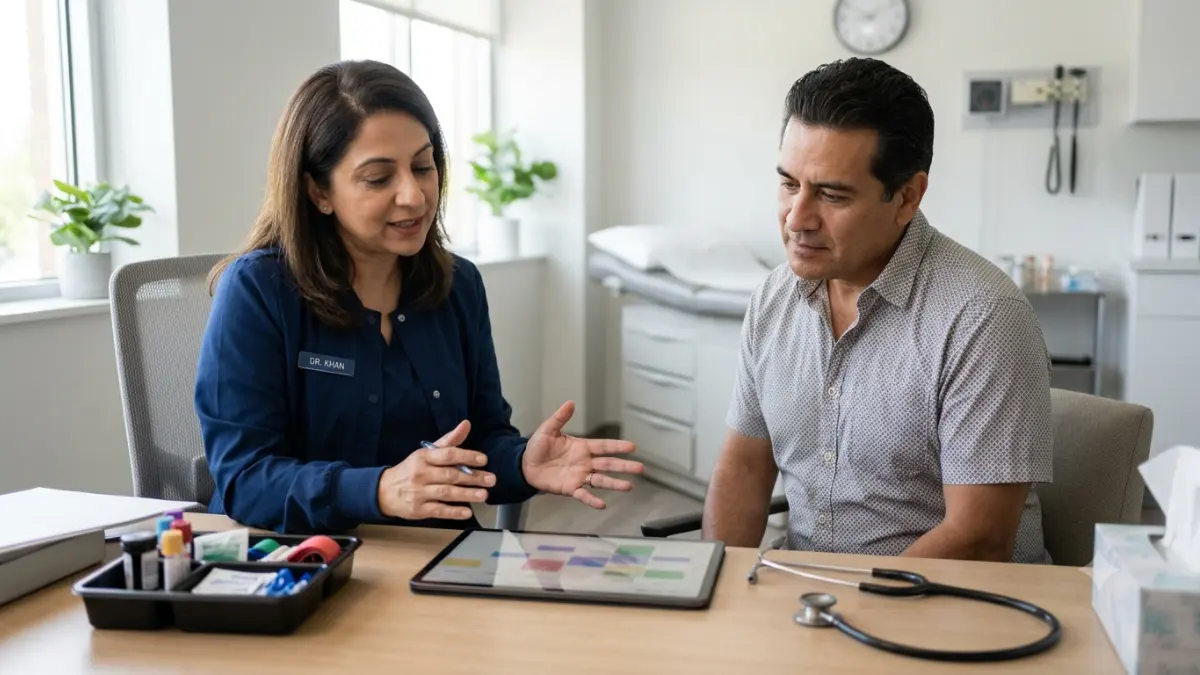 Healthcare provider reviewing a personalized follow-up schedule for an A1C test with an adult patient