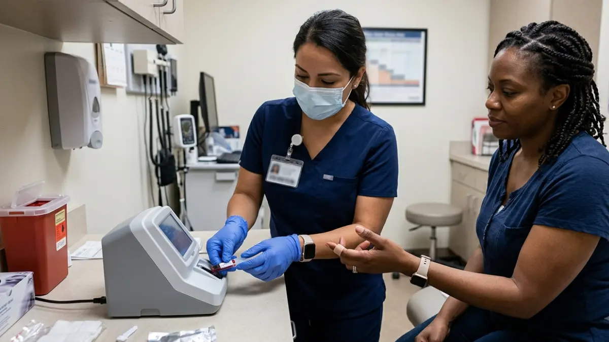 Point-of-Care A1C fingerstick test being performed for a patient in a clinic