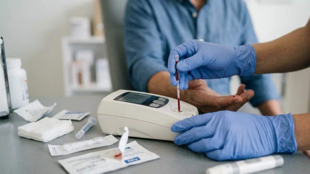 Healthcare worker using a point-of-care analyzer during a Walk-In Cholesterol Test with a finger-prick blood sample.