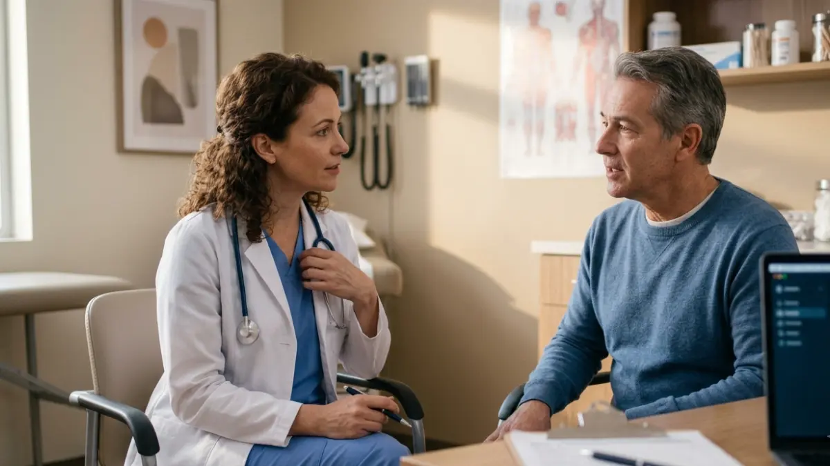 Clinician reviewing patient history before interpreting A1C test results during a medical consultation.
