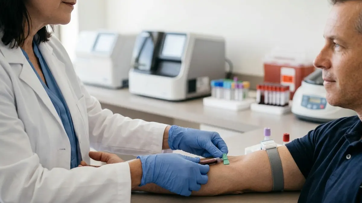 Healthcare professional collecting a blood sample for A1C 6.5 confirmation testing during a routine laboratory visit