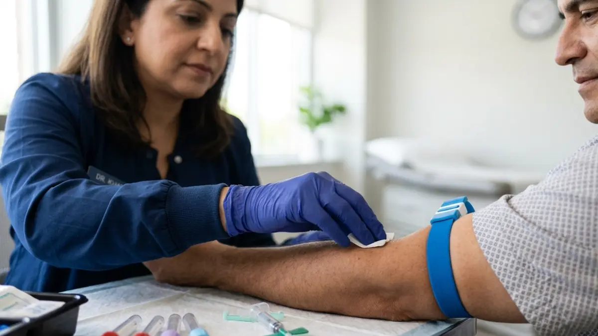 Healthcare professional collecting a routine blood sample for an A1C test in a clinical laboratory