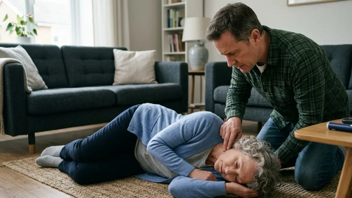 Severe Hypoglycemia emergency response showing an adult safely positioned on their side while a caregiver provides assistance