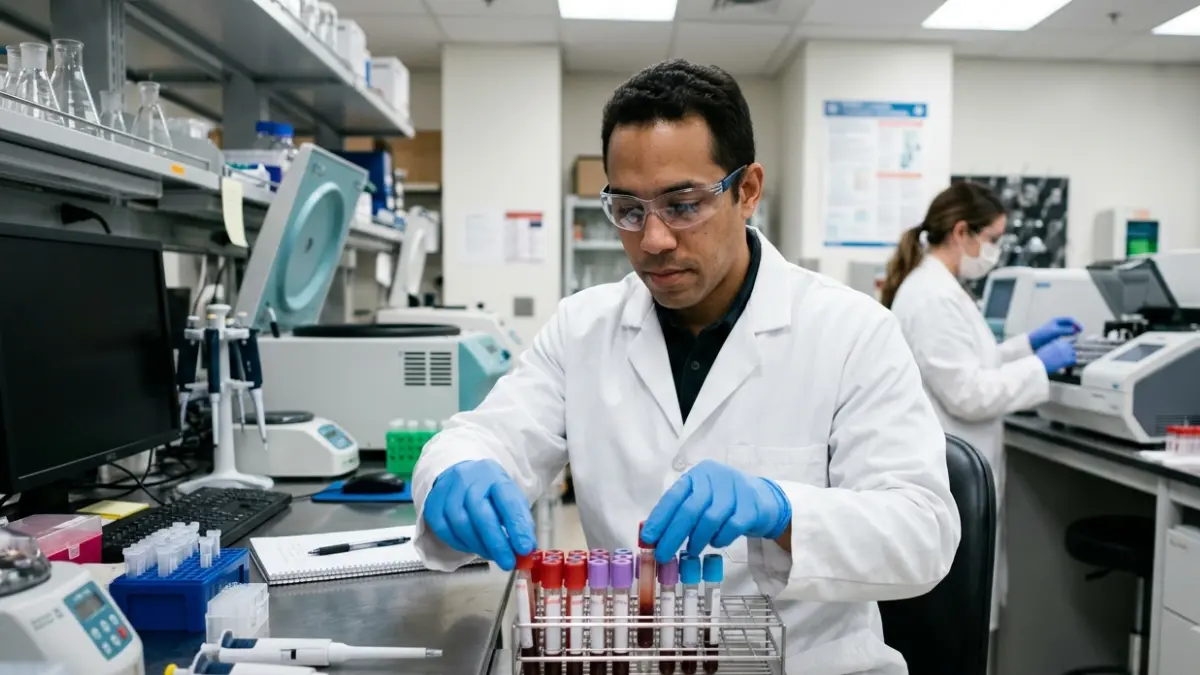 Medical researcher organizing blood samples for diabetes research involving Sickle Cell Trait and A1C measurement.