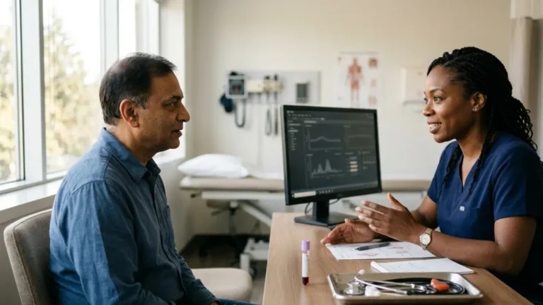 Doctor discussing A1C blood test results with an adult patient who has Sickle Cell Trait during a routine primary care consultation.