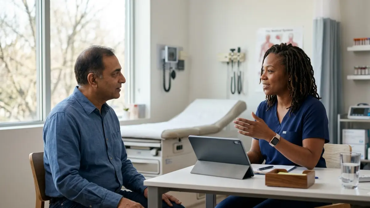 Doctor and patient discussing future diabetes testing options for someone with Sickle Cell Trait during a follow-up visit.