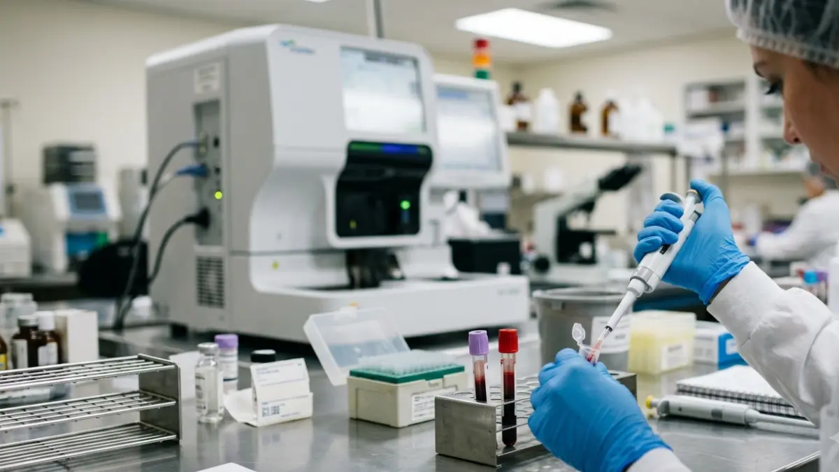 Laboratory professional preparing blood samples for hemoglobin testing related to Sickle Cell Trait evaluation.