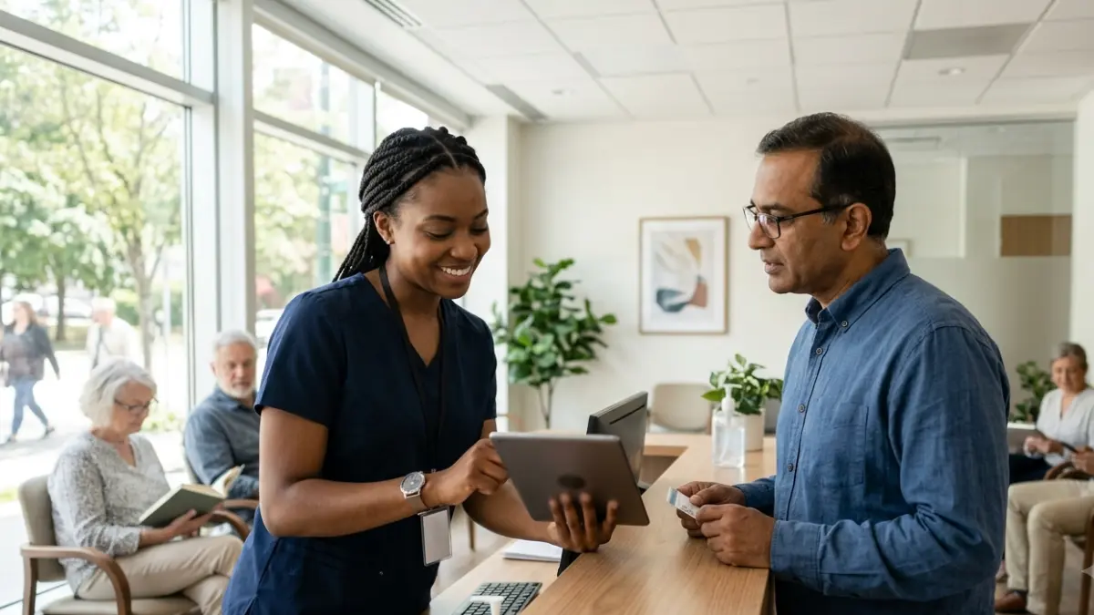 Adult patient checking in for routine diabetes blood testing with Sickle Cell Trait before an A1C laboratory appointment.