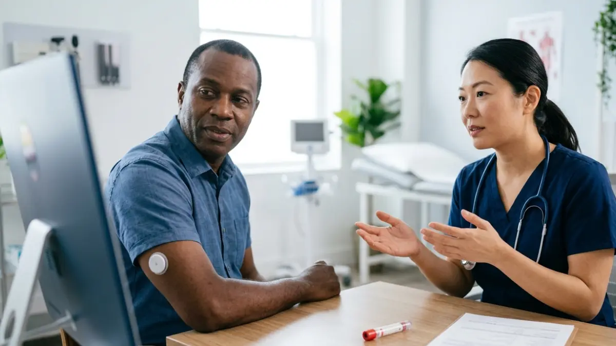 Healthcare professional reviewing Time in Range and A1C information with a patient during a follow-up visit