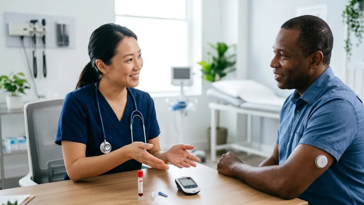 Doctor explaining Time in Range and A1C monitoring to an adult patient during a diabetes consultation