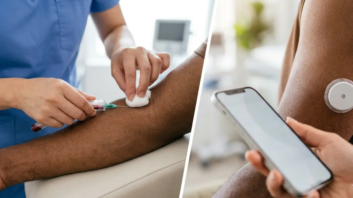 Comparison of a blood sample and continuous glucose monitor illustrating Time in Range and A1C testing methods