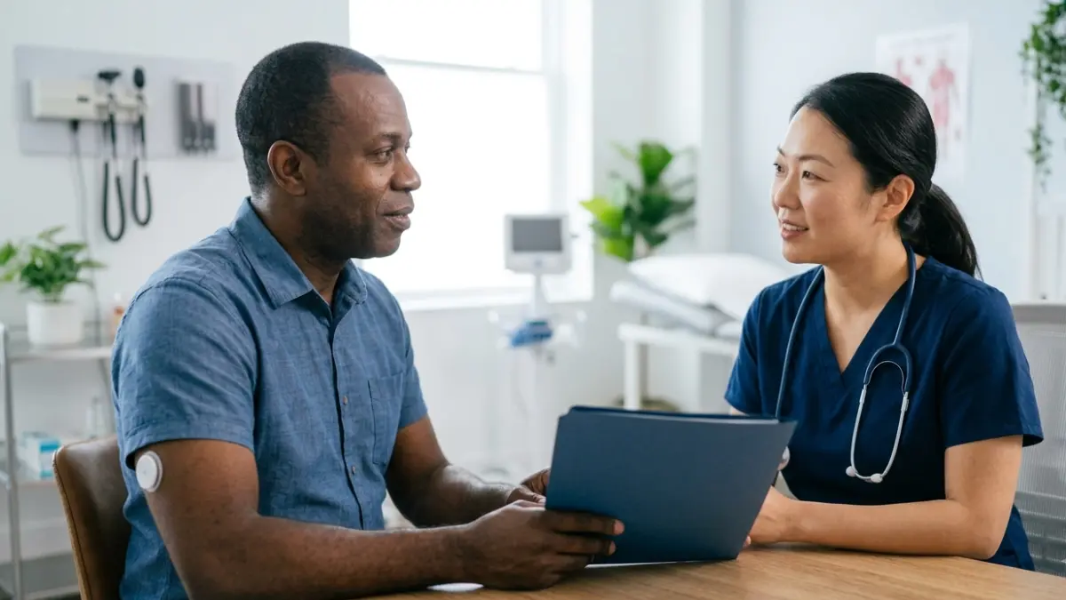 Patient bringing Time in Range information and diabetes monitoring records to a follow-up medical appointment