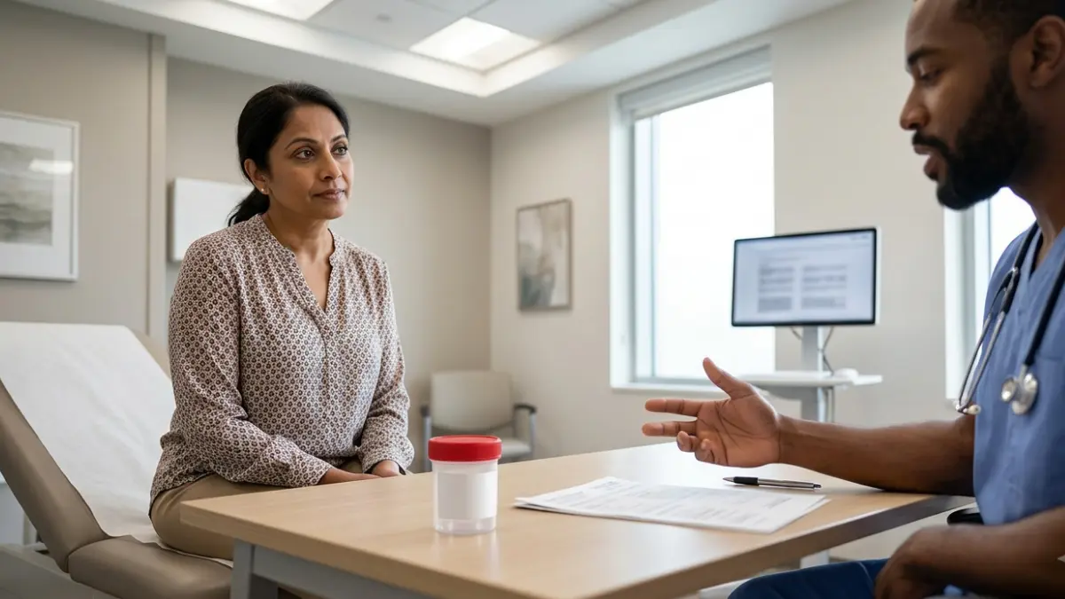 Types of Glucose Tests discussed between an adult patient and healthcare professional in a clinical setting