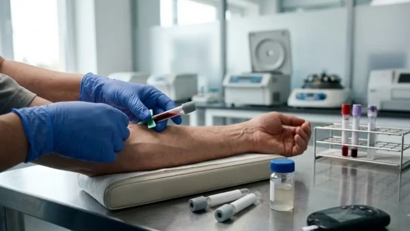 Types of Glucose Tests shown in a realistic clinical laboratory with blood sample collection and glucose testing equipment