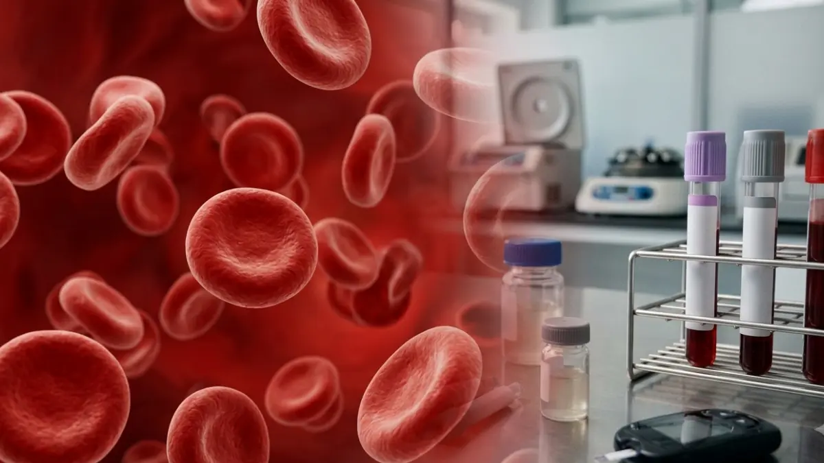 Types of Glucose Tests represented by realistic red blood cells and a laboratory blood sample used for glucose assessment