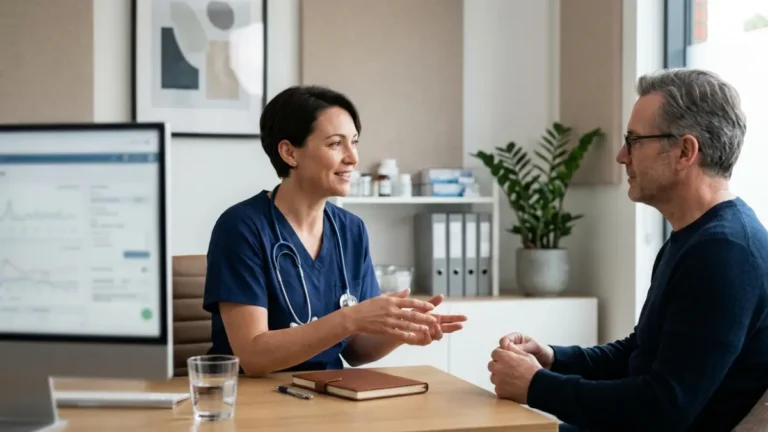 Doctor discussing a Very High A1C result with an adult patient during a primary care consultation in a modern medical clinic