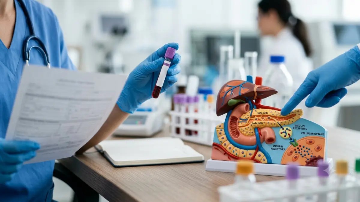 Healthcare professional handling a blood sample while explaining Very High A1C laboratory testing in a clinical setting