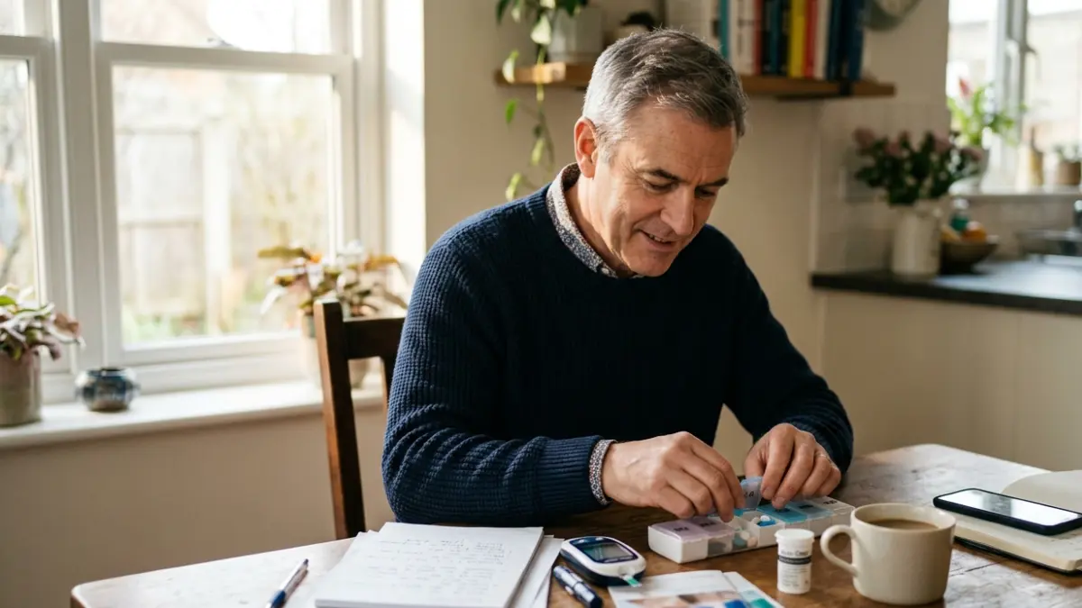 Adult organizing medications and health information before a doctor visit after a Very High A1C result