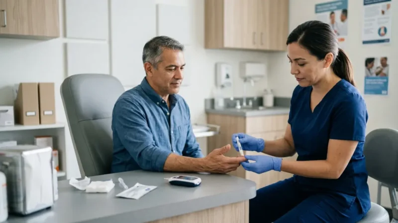 Healthcare professional performing a Walk-In Cholesterol Test using a finger-prick blood sample at a modern retail pharmacy clinic.
