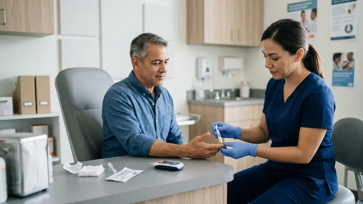 Healthcare professional performing a Walk-In Cholesterol Test using a finger-prick blood sample at a modern retail pharmacy clinic.