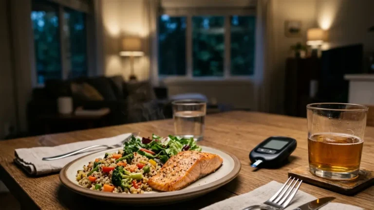 Alcohol and Blood Sugar during an evening meal with an alcoholic drink, balanced food, and a glucose meter