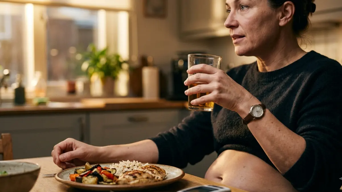 Alcohol and Blood Sugar as an adult drinks with a meal while glucose production in the liver is discussed
