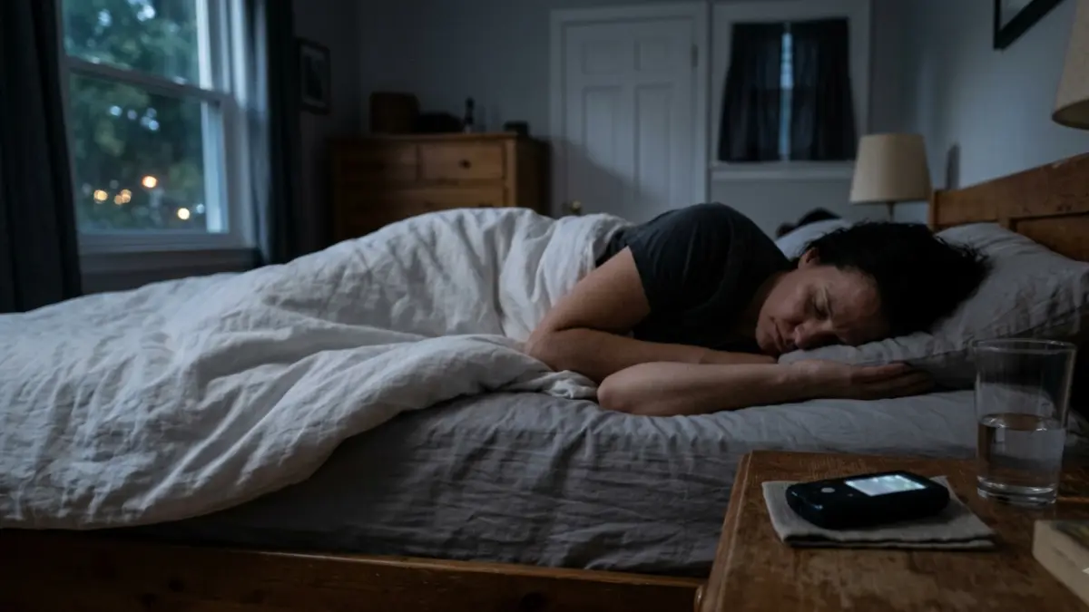 Alcohol and Blood Sugar overnight as a sleeping adult is monitored by a glucose device beside the bed