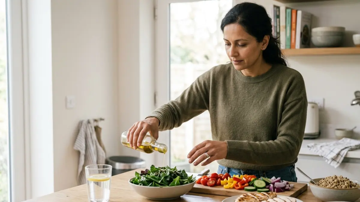 ALT Blood Test health context with adult preparing a balanced meal