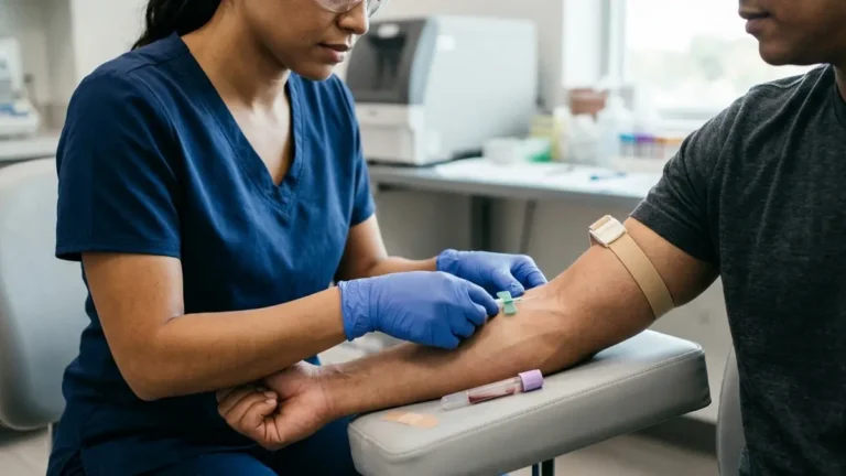 ALT Normal Range blood test with healthcare professional performing a routine venous blood draw