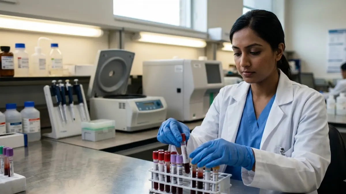ALT Normal Range laboratory blood sample processing by a healthcare technician