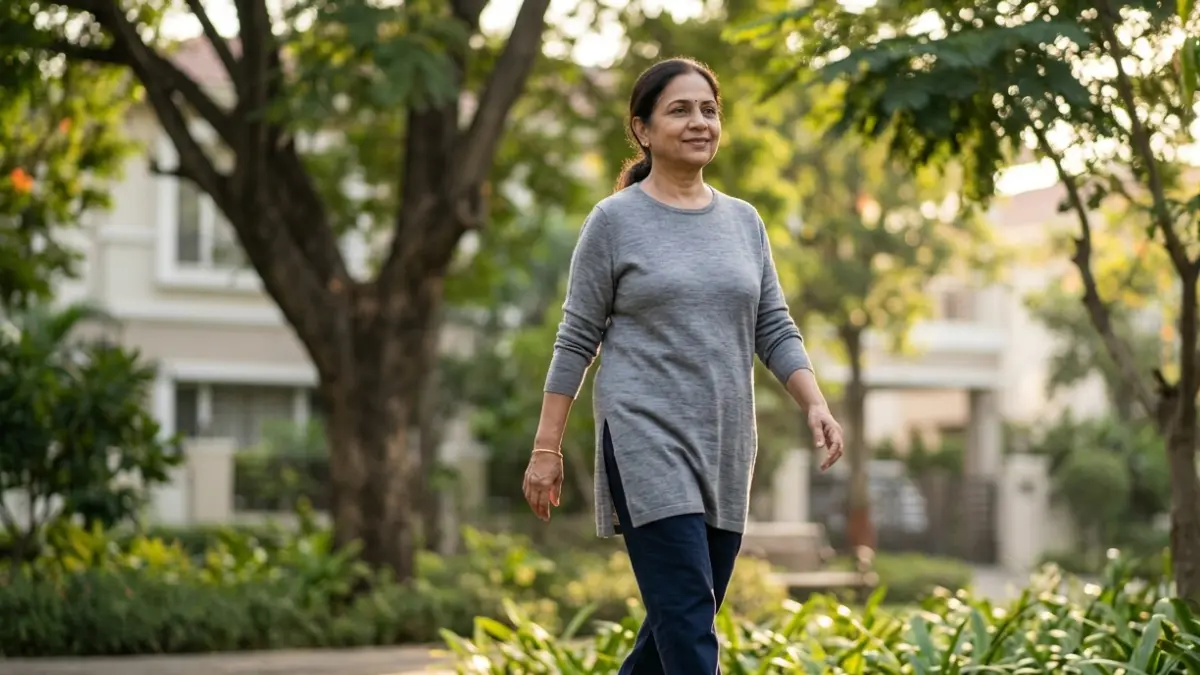 ALT Normal Range and healthy aging represented by a midlife woman walking outdoors during the menopause years