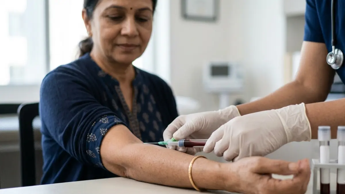 ALT Normal Range blood test collection from a woman's arm during routine laboratory testing