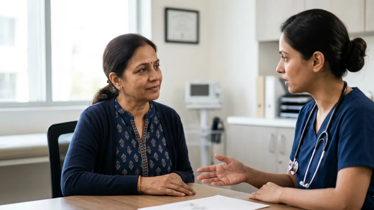 ALT Normal Range discussion between a midlife woman and healthcare professional during a routine liver health consultation