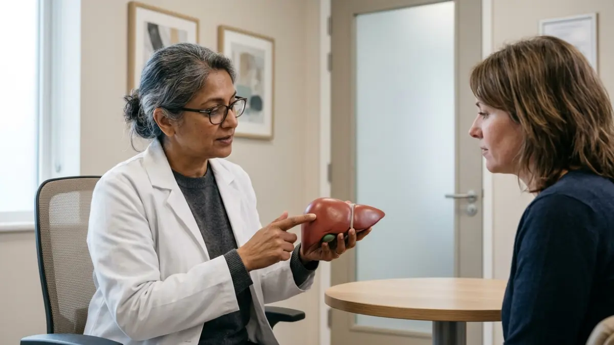 Clinician explaining liver injury related to ALT Over 1,000 with an anatomical liver model