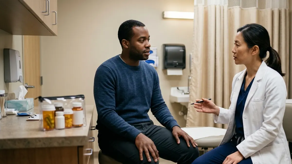 Emergency clinician reviewing medicines with a patient with ALT Over 1,000