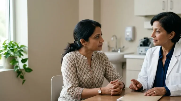 AST ALT Ratio discussion during a calm blood-test consultation between an adult patient and clinician
