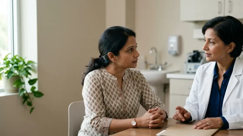 AST ALT Ratio discussion during a calm blood-test consultation between an adult patient and clinician