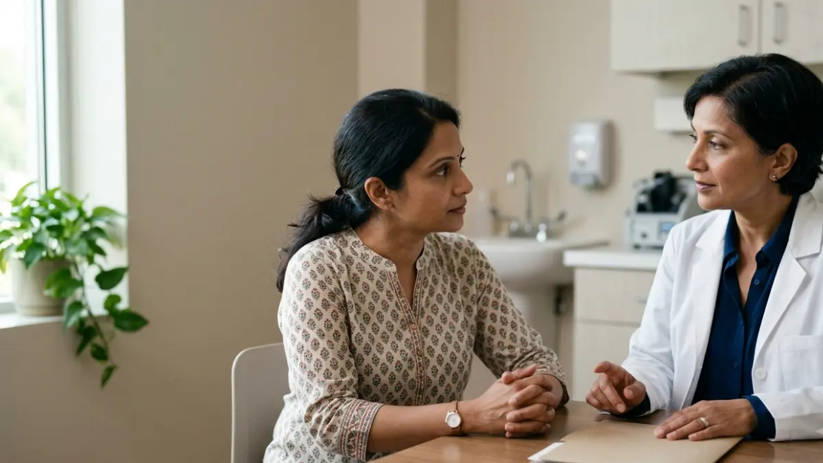 AST ALT Ratio discussion during a calm blood-test consultation between an adult patient and clinician