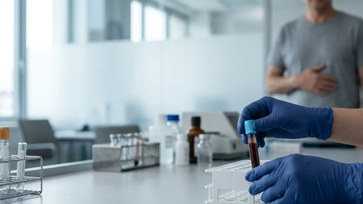 AST ALT Ratio context with a laboratory professional preparing an unlabelled blood sample for liver enzyme testing