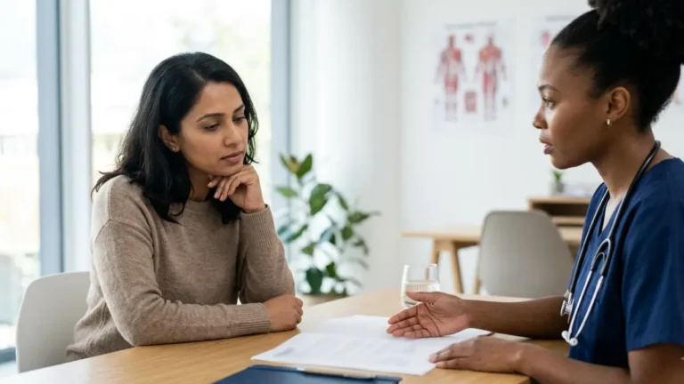 Patient discussing Borderline TSH results with a clinician during a thyroid follow-up visit