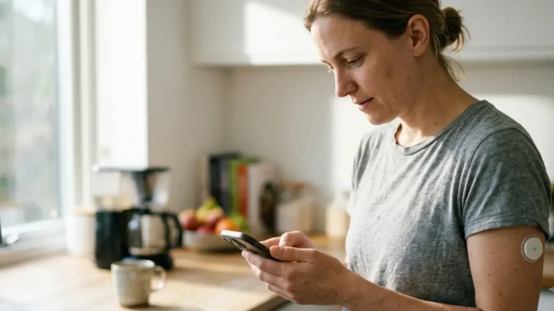 CGM Without Diabetes: Adult wearing a continuous glucose monitor and checking a smartphone