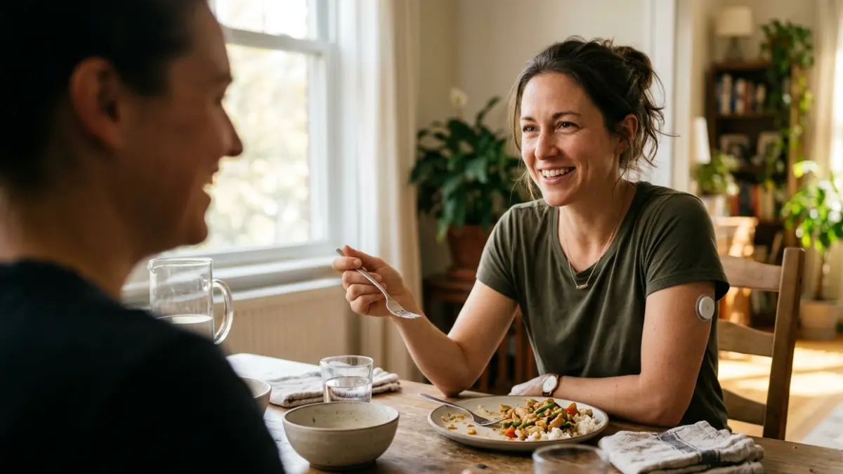 CGM Without Diabetes: Adult wearing a continuous glucose monitor during an everyday meal